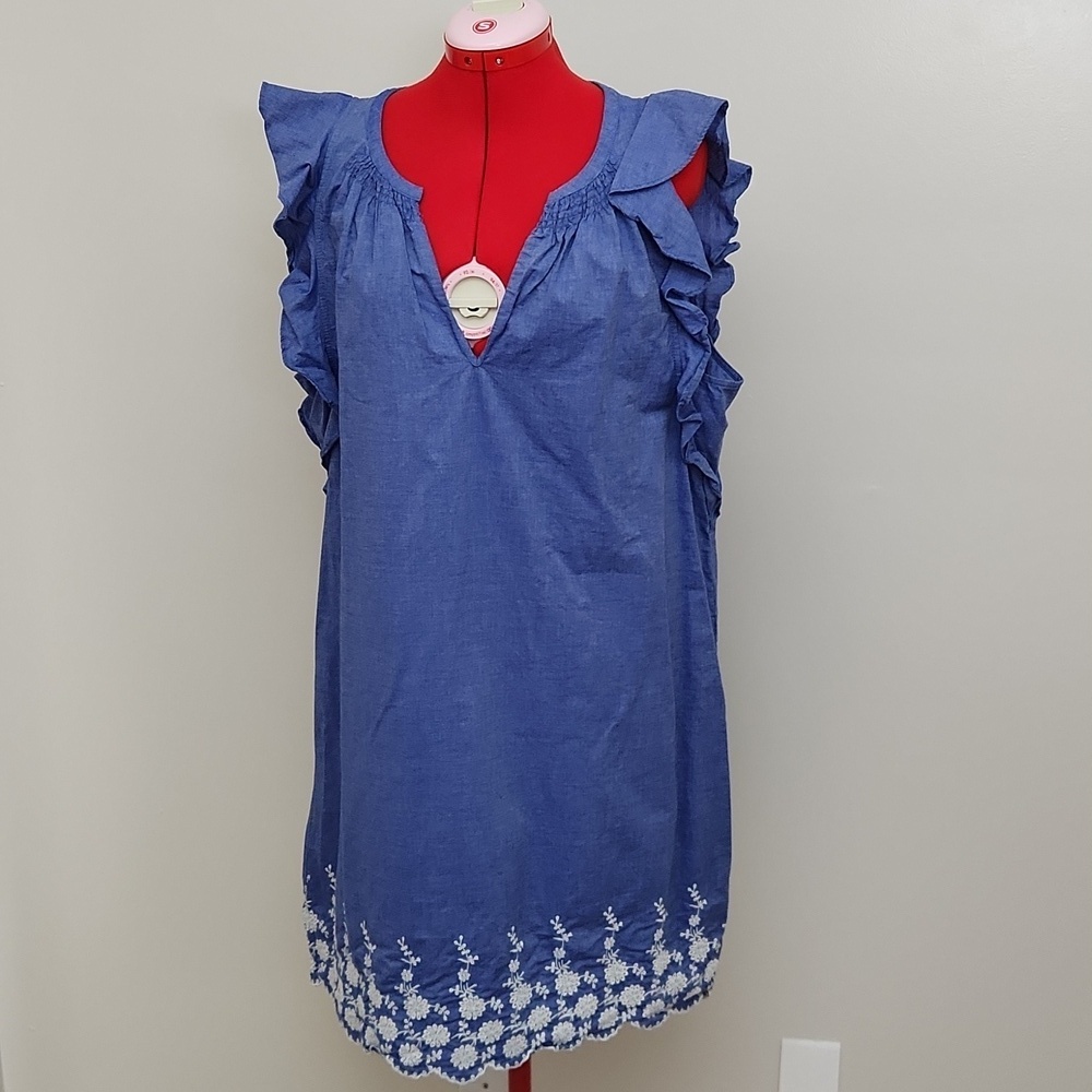 Pappagallo 100% Cotton Blue Embroidered Ruffle Sleeve Shift Dress 16
